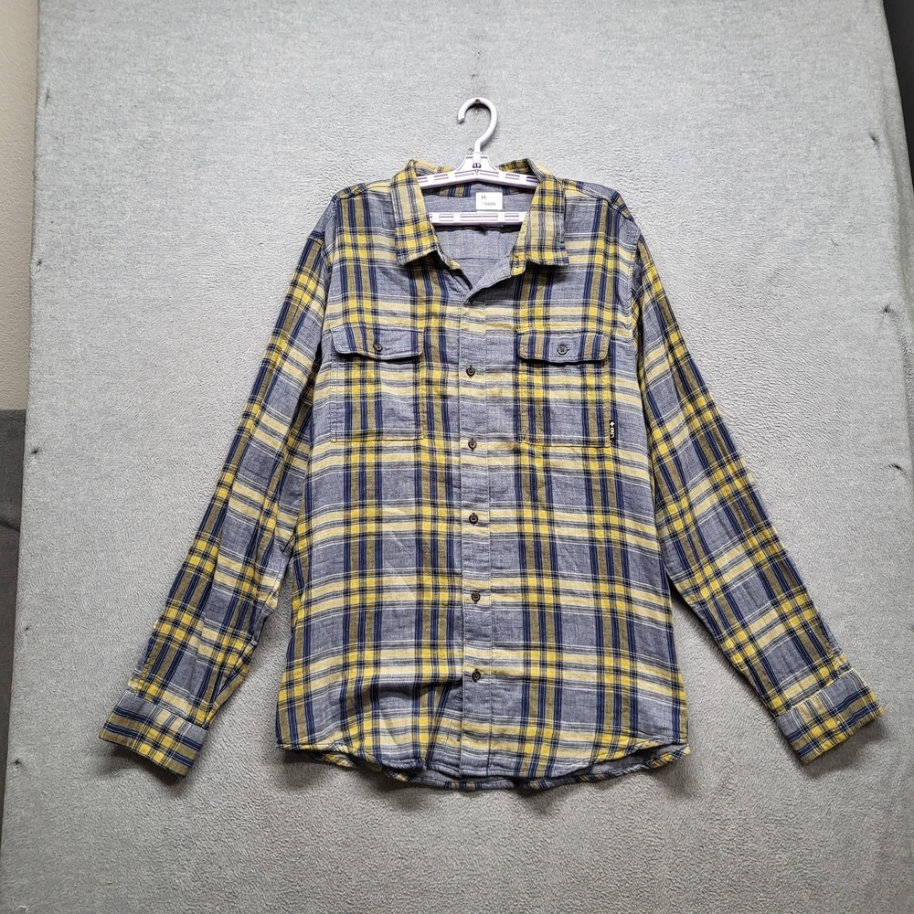Lifted Research Group Men Button Up Shirt 2X-LARGE Yellow Plaid Long